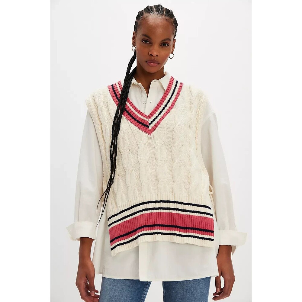 Free People Coastal Prep Poncho Vest Cable Knit One Size Cream Pink NEW